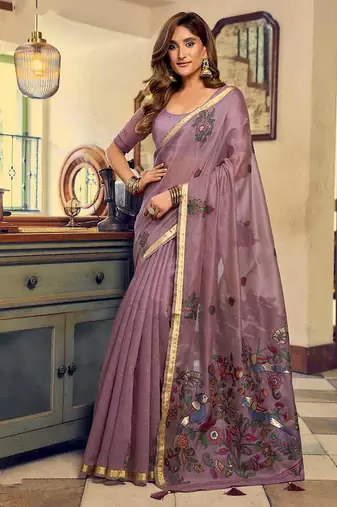 Mauve cotton blend saree with litchi work & tassels