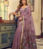 Mauve cotton blend saree with litchi work & tassels