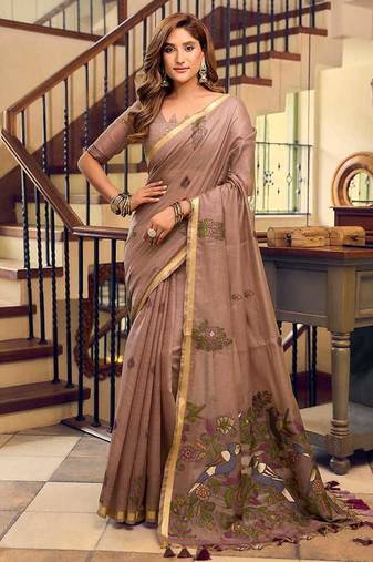 Brown cotton blend saree with litchi work & tassels