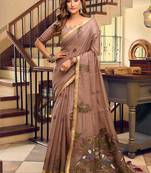 Brown cotton blend saree with litchi work & tassels
