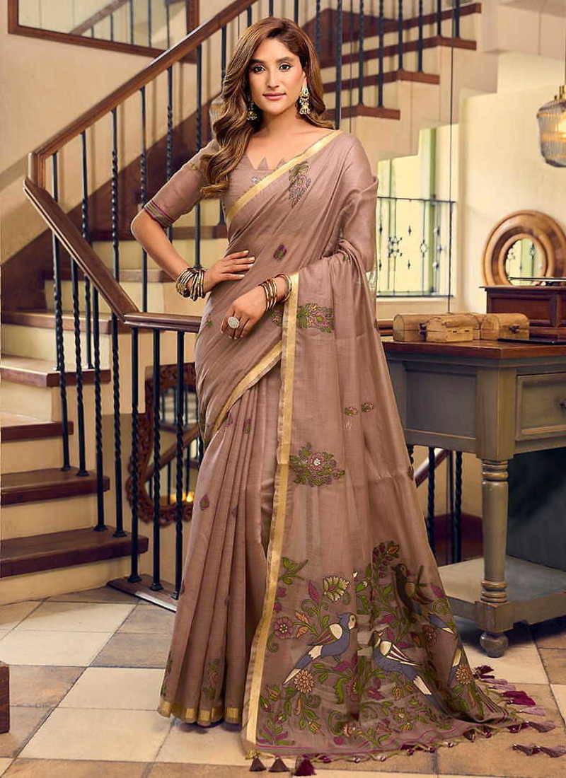 Brown cotton blend saree with litchi work & tassels