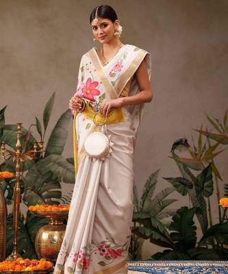 Onam special floral printed kasavu silk saree 1