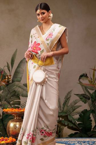 off white silk kasavu saree with floral printed work