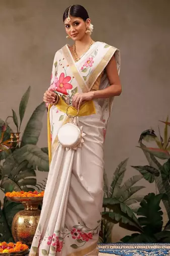 Onam special floral printed kasavu silk saree