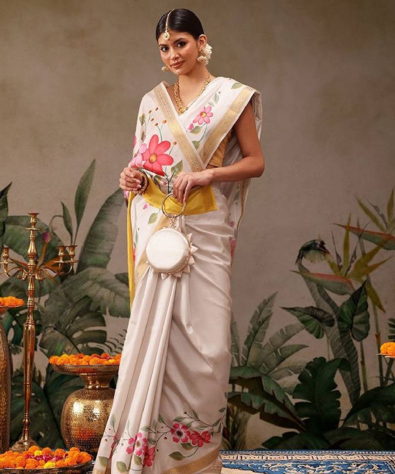 Onam special floral printed kasavu silk saree