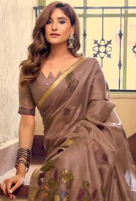 Brown cotton blend saree with litchi work & tassels 2