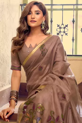 Brown cotton blend saree with litchi work & tassels