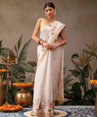 Onam special floral printed kasavu silk saree 2