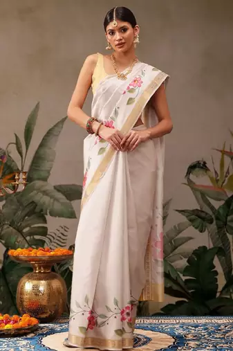 Onam special floral printed kasavu silk saree