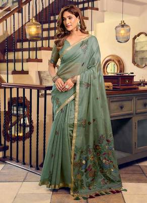 Sage green cotton blend saree with litchi work & tassels 1