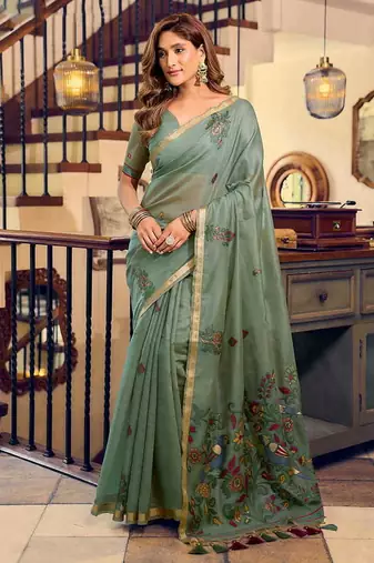 Sage green cotton blend saree with litchi work & tassels