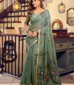 Sage green cotton blend saree with litchi work & tassels
