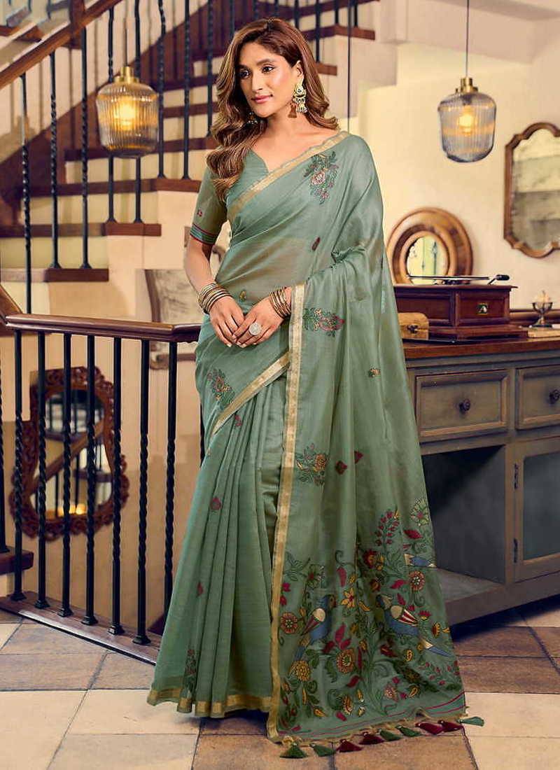Sage green cotton blend saree with litchi work & tassels