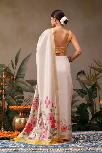 Onam special floral printed kasavu silk saree