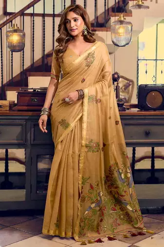 Beige cotton blend saree with litchi work & tassels