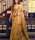 Beige cotton blend saree with litchi work & tassels