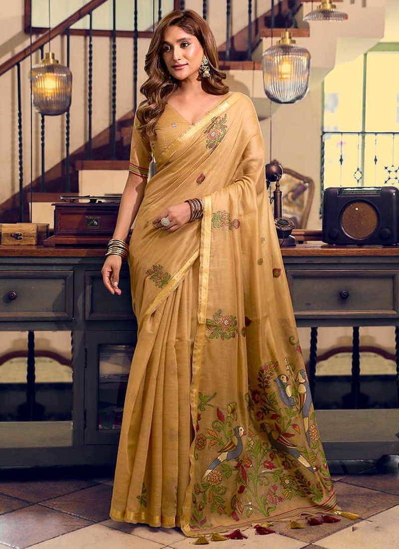 Beige cotton blend saree with litchi work & tassels