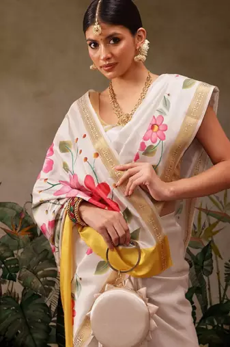 Onam special floral printed kasavu silk saree