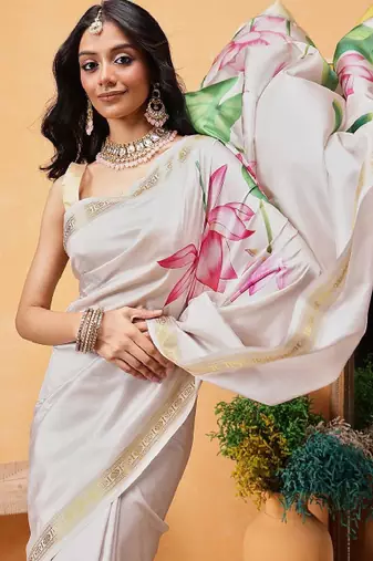 Floral printed zari ready to wear kasavu saree
