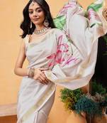 Floral printed zari ready to wear kasavu saree