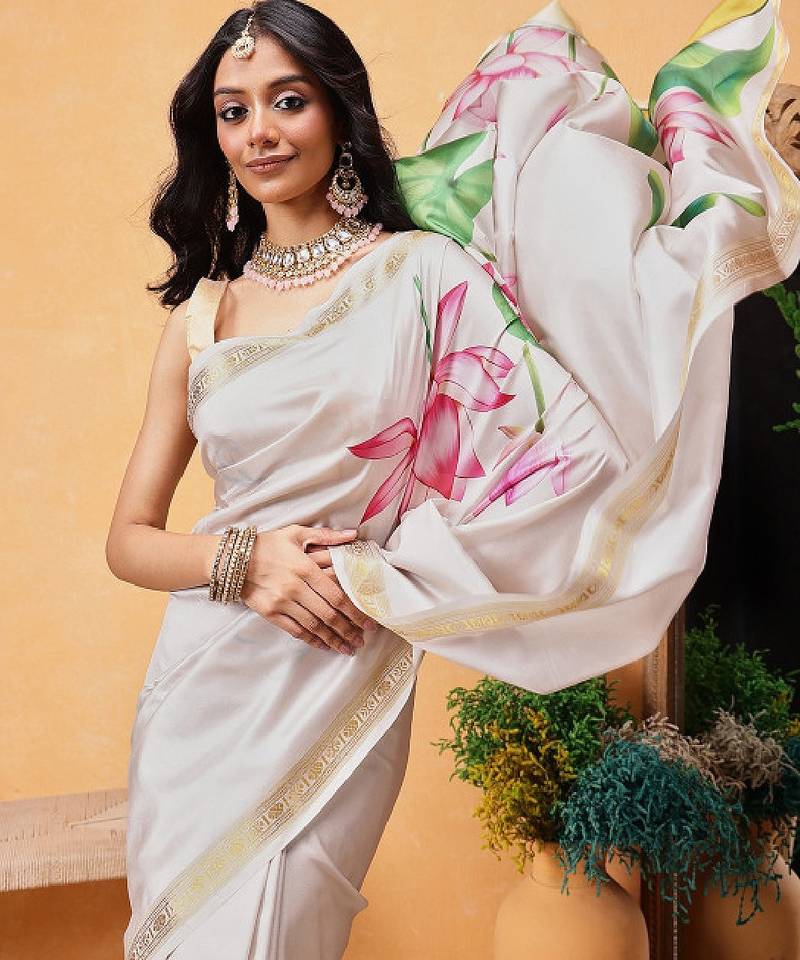 Floral printed zari ready to wear kasavu saree