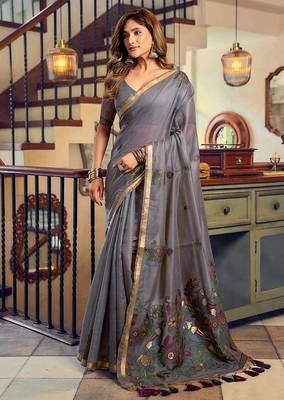 Dark grey cotton blend saree with litchi work & tassels 1