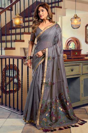 Dark grey cotton blend saree with litchi work & tassels