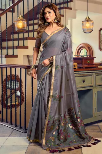Dark grey cotton blend saree with litchi work & tassels