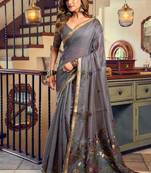Dark grey cotton blend saree with litchi work & tassels