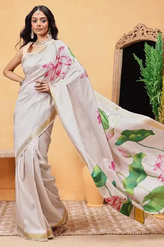 Floral printed zari ready to wear kasavu saree
