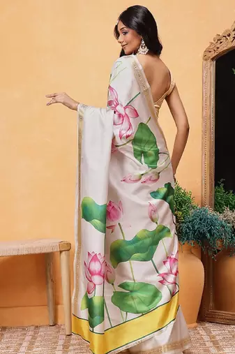 Floral printed zari ready to wear kasavu saree