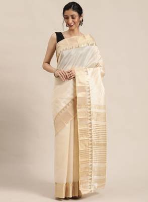 Cream-coloured & golden  striped zari silk cotton solid saree 1