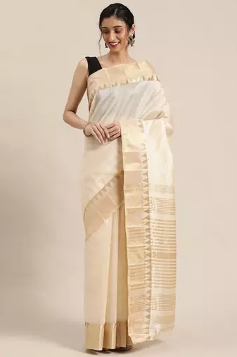 Cream-coloured & golden  striped zari silk cotton solid saree