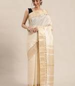 Cream-coloured & golden  striped zari silk cotton solid saree