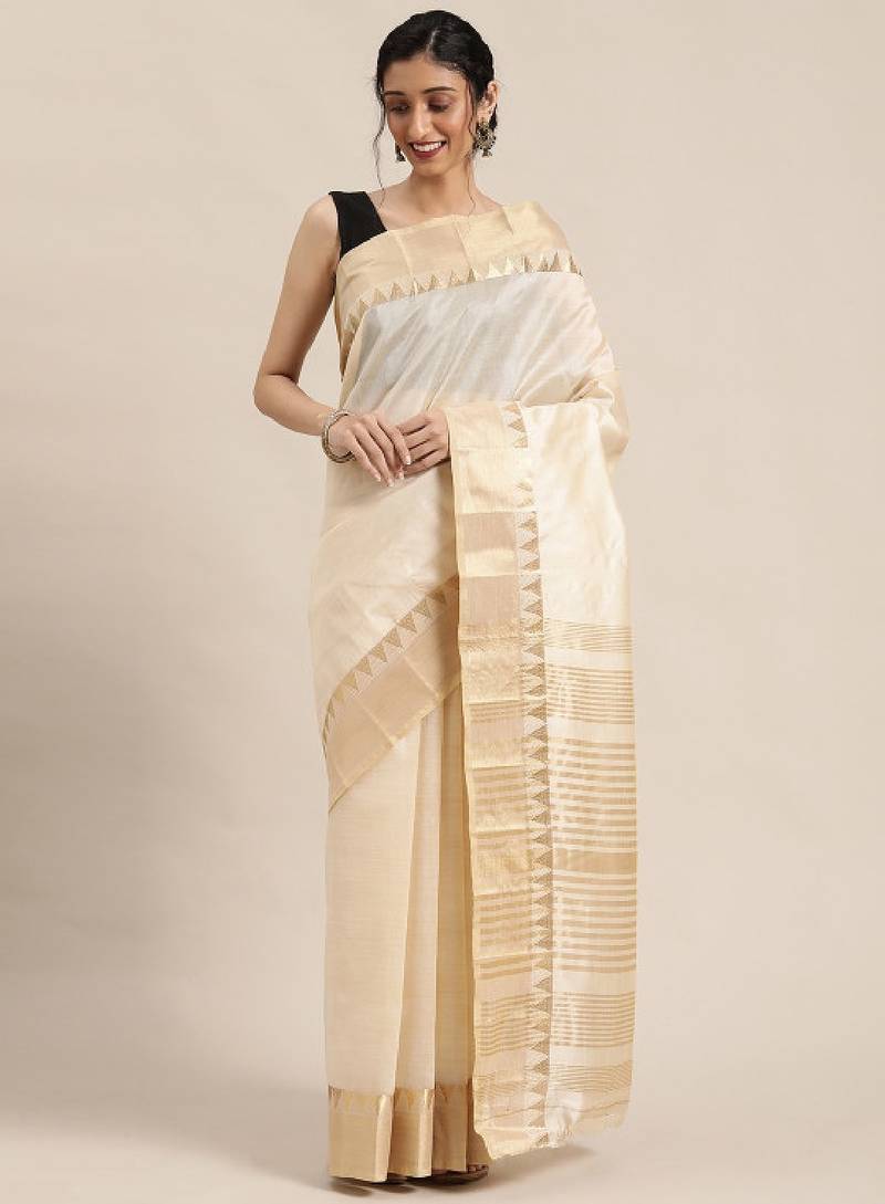 Cream-coloured & golden  striped zari silk cotton solid saree