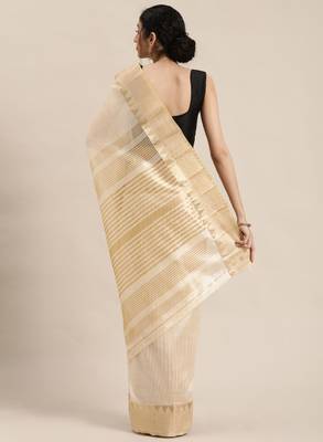 Cream-coloured & golden  striped zari silk cotton solid saree 2