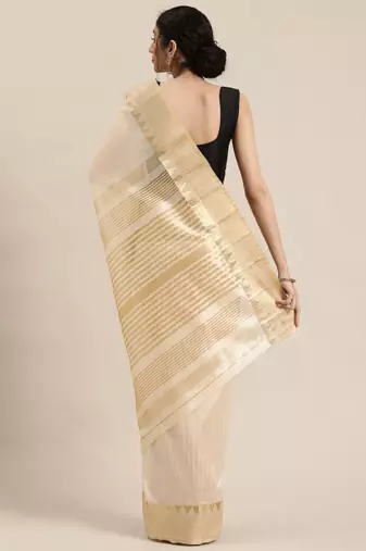 Cream-coloured & golden  striped zari silk cotton solid saree