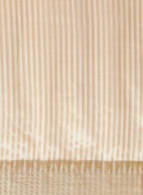Cream-coloured & golden  striped zari silk cotton solid saree 3