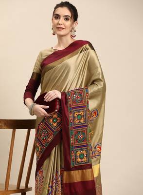 Ethnic motifs kutchi embroidery silk cotton heavy work banarasi saree 1