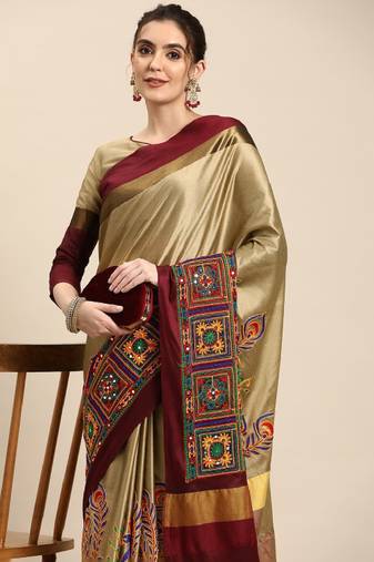 beige silk cotton saree with kutchi embroidery work