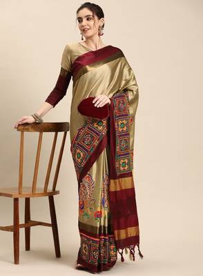 Ethnic motifs kutchi embroidery silk cotton heavy work banarasi saree 2