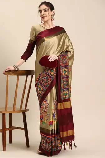 Ethnic motifs kutchi embroidery silk cotton heavy work banarasi saree