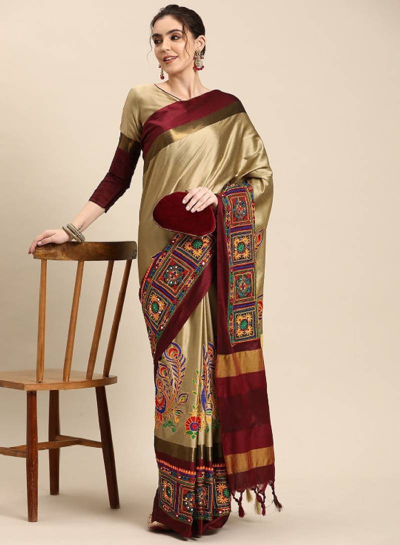 Ethnic motifs kutchi embroidery silk cotton heavy work banarasi saree