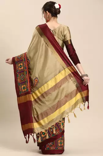 Ethnic motifs kutchi embroidery silk cotton heavy work banarasi saree