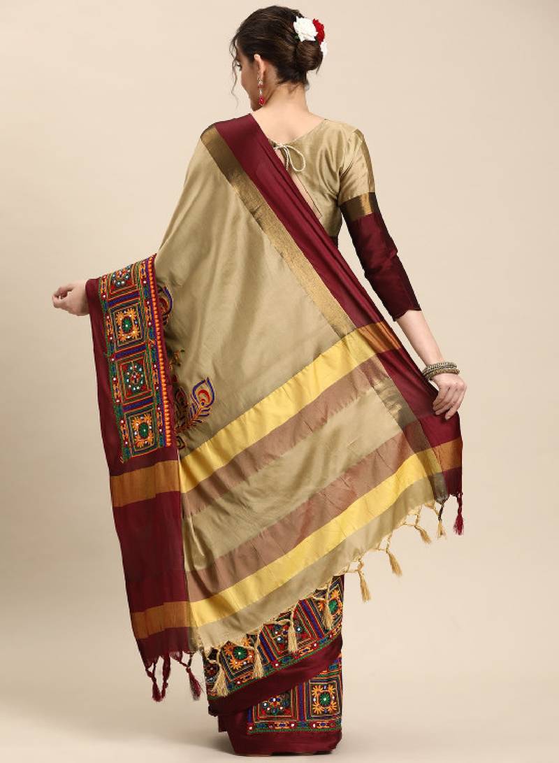 Ethnic motifs kutchi embroidery silk cotton heavy work banarasi saree