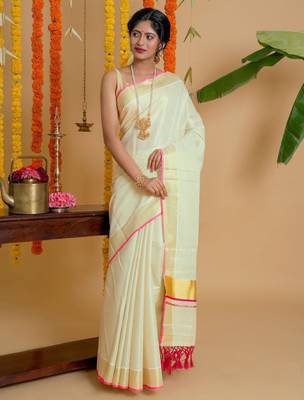Women woven design zari tissue kasavu saree 2