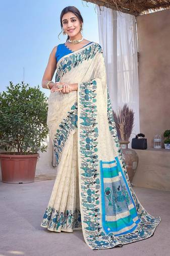 cream mysore silk saree with abstract printed work