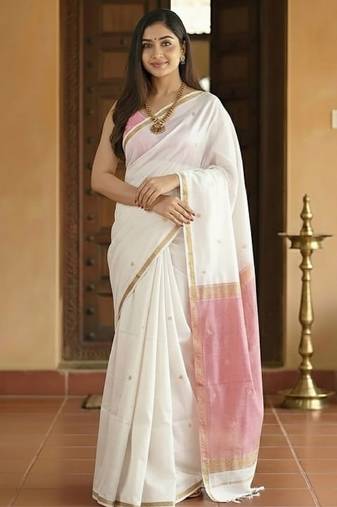 white silk blend kanjeevaram saree with woven work