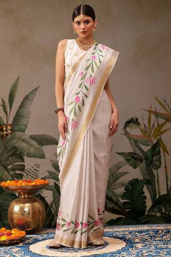 off white floral print kasavu silk saree