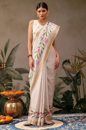 Onam special floral printed kasavu silk saree